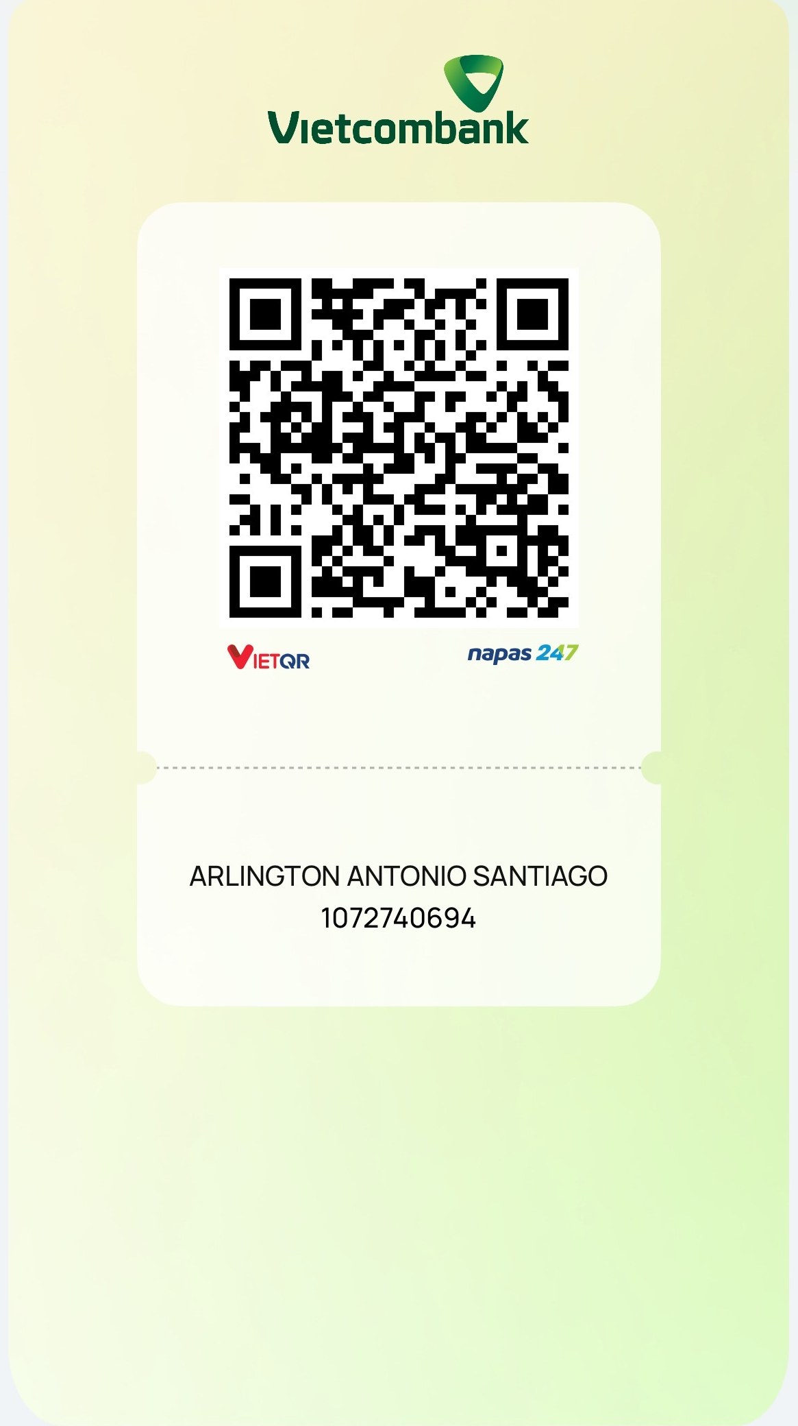VietQR code, Vietcombank account 1072740694, Arlington Antonio Santiago